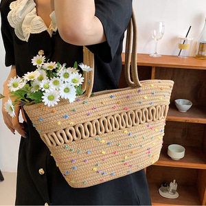 กระเป๋าโท้ทผู้หญิงสำหรับฤดูร้อน ผ้าสานลายจุดสีขาวนวล ตัดเย็บแบบโปร่ง ความจุขนาดใหญ่ สะพายไหล่ข้างเดียว ใช้ได้ทุกวัน - Product Image 5