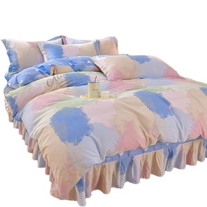Ensemble de literie quatre pièces universel quatre saisons 100% coton, jupe de lit et housse de couette, antibactérien, anti-acariens, motif rayé fleurs et plantes - Product Image 5