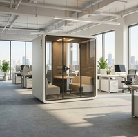Cabine de bureau moderne pour deux personnes, taille M, insonorisée, avec cadre en aluminium noir/blanc à l'extérieur et gris/bleu à l'intérieur, pour hôtels et centres commerciaux