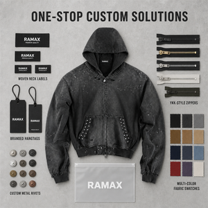 เสื้อฮู้ดซิปแบบวินเทจสำหรับผู้ชาย ผ้าหนา 400GSM ล้างสีแบบวินเทจ แต่งสีสาด ตกแต่งหมุด ทรงครอป  OEM ODM - Product Image 4