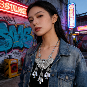 Collar de mariposa grande de plata Miao con diseño calado, estilo étnico <span class=keywords><strong>Hmong</strong></span>, con borlas y conos, joyería bohemia vintage para festivales - Product Image 2