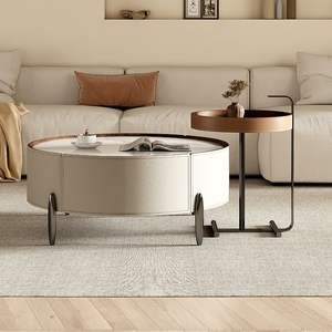 Meubles de salon modernes et créatifs <span class=keywords><strong>Table</strong></span> <span class=keywords><strong>basse</strong></span> en acier ronde en <span class=keywords><strong>cuir</strong></span> <span class=keywords><strong>Table</strong></span> centrale crème - Product Image 5