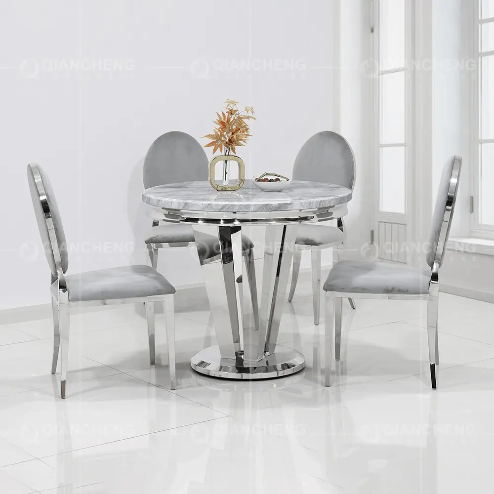 round shape small restaurant tables seats 4 5 white marble stainless steel dining table furniture