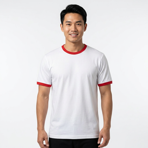 T-shirt blanc à manches courtes pour homme avec bordure contrastée rouge Coupe classique Style décontracté Col rond Tissu en coton tricoté - Product Image 1