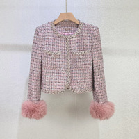 Ensemble jupe mi-longue et veste en tweed épais de luxe léger à manches fourrées Bettergirl, nouvelle collection française