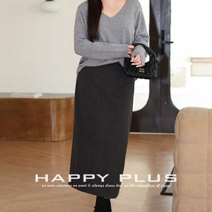กระโปรงทรงเอเอวสูงผ้าวูลเท็กซ์เจอร์สีเทาเข้ม ไซส์พลัส 90-94 กระโปรงผู้หญิงสำหรับฤดูใบไม้ร่วงและฤดูหนาว มีรอยผ่า ยืดหยุ่นเล็กน้อย - Product Image 4