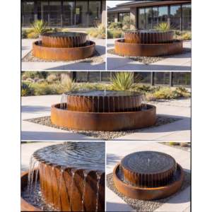 Fontaine à débordement moderne en acier Corten Damla Water Features TOS-C, diamètre 120 cm, patine de rouille, pour jardin et terrasse extérieurs - Product Image 3
