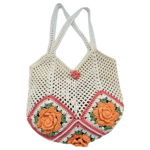 À la mode personnalisable 5-Rose Granny carré laine sac à main pour femmes fil de coton fermeture éclair plage pique-niques usage quotidien deux - Product Image 1