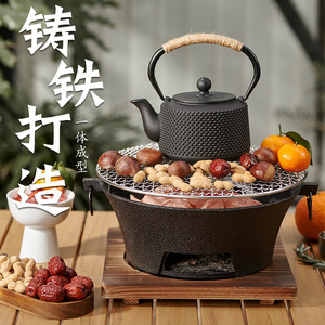 <b>Cast</b> <b>Iron</b> Charcoal Stove With Grill And <b>Teapot</b> For Indoor Outdoor Use Portable Durable Firewood Fuel - Product Image 1