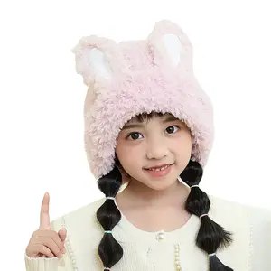 Factory Wholesale Cotton Knitted Beanie Cute Furry Bunny Ears Hat for Girls Provides Winter Warm Ear Protection for Fishing
