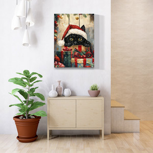 Vải theo chủ đề lễ hội: Mèo Đen với mũ Santa & Quà, lý tưởng cho trang trí Xmas hoàn hảo cho trang trí nhà Giáng sinh - Product Image 2