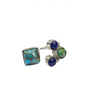 Handmade Turquoise <b>Lapis</b> <b>Lazuli</b> <b>Ring</b> 925 Sterling Silver Square Round Multi Stone Adjustable Band Jewelry - Product Image 1