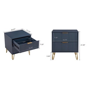 Mesita de noche en azul medianoche con patas doradas y unidad de almacenamiento con diseño acanalado - Product Image 3