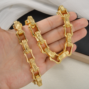 unisex bulk wholesale gold plated stainless steel hollow rectangular carved wide polished <b>matching</b> necklace set <b>bracelets</b> - Product Image 3