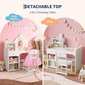 Coiffeuse en bois sur le thème des princesses pour chambre d'enfant avec lumières, ensemble bureau et chaise 2 en 1, étagères ouvertes pour les petites filles - Product Image 6