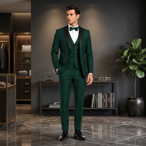 Costume de mariage trois pièces vert pour homme de haute qualité, coupe ajustée, blazer à revers noir, gilet et pantalon, tenue formelle pour banquets et soirées - Product Image 6