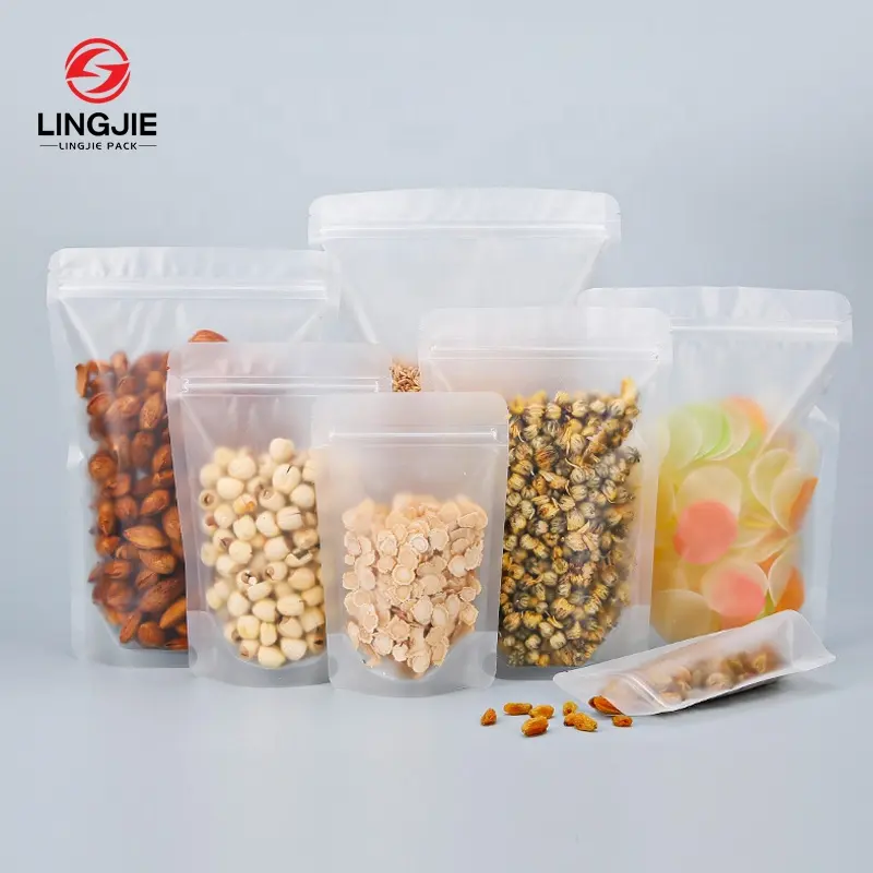 Lingjie Resealable Stand Up Bags Matte Clear Zipper Lock Heat Seal Pouch Bag with Tear Notch for Zip Food Storage Lock Packing