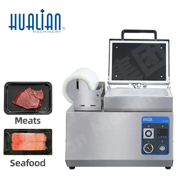 HVT-240TS Hualian alimentaire carte plateau à emporter sous vide peau emballage scellant Machine pour viande fraîche fruits de mer