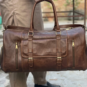 Coral Weavers Premium Genuine Leather Vintage <b>Weekender</b> <b>Holdall</b> Zipper Closure Separate Shoe Pocket Spacious Polyester Portable - Product Image 1