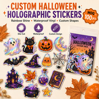 Autocollants holographiques personnalisés pour Halloween, découpés, imperméables, motifs fantômes mignons, chats noirs, citrouilles Jack O' Lantern, sorcières, pour ordinateur portable, bouteille d'eau, fête