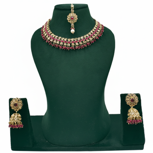 Ethnic Gold Plated Alloy Emerald Necklace Earrings Maang Tikka Set Flower Design Women <b>Indian</b> Bridal Wedding Party Jewelry High - Product Image 2