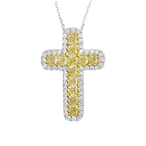 Collana con Croce di Diamanti, Diamanti Naturali Taglio Smeraldo Giallo, Gioielli Religiosi Unisex in Oro Bianco - Product Image 1
