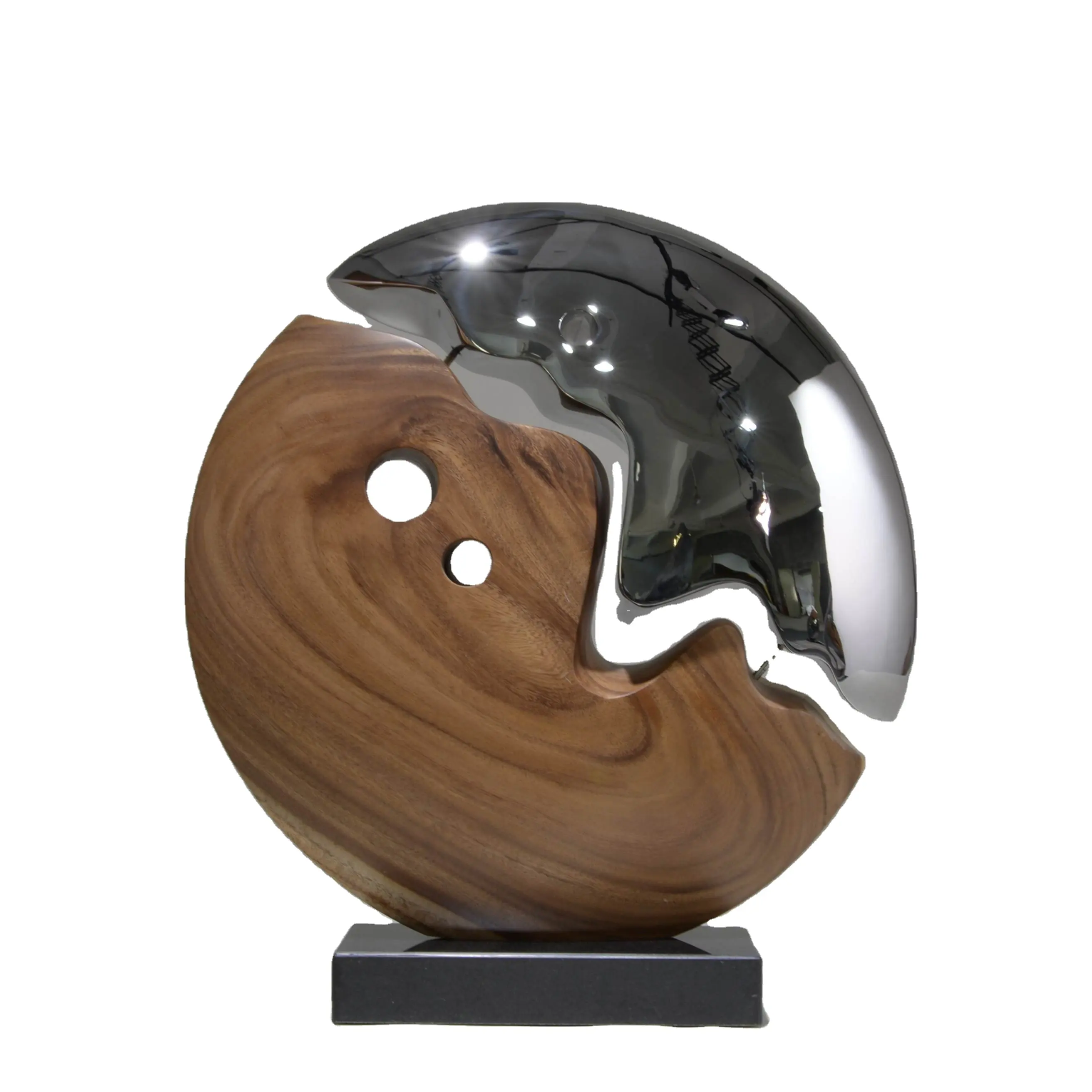 Sculpture en bois artisanale et acier inoxydable avec des Accents de Base en marbre pour un décor artistique moderne
