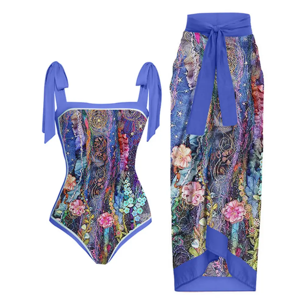 Traje de baño de dos piezas para mujer Cuello en V Acolchado con falda larga Sarong Beach Cover Up Beachwear