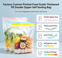 Sacs auto-scellants à double fermeture éclair en PE épaissi de qualité alimentaire, imprimés sur mesure en usine, pour le stockage de fruits, légumes, sushis, collations et aliments pour animaux de compagnie