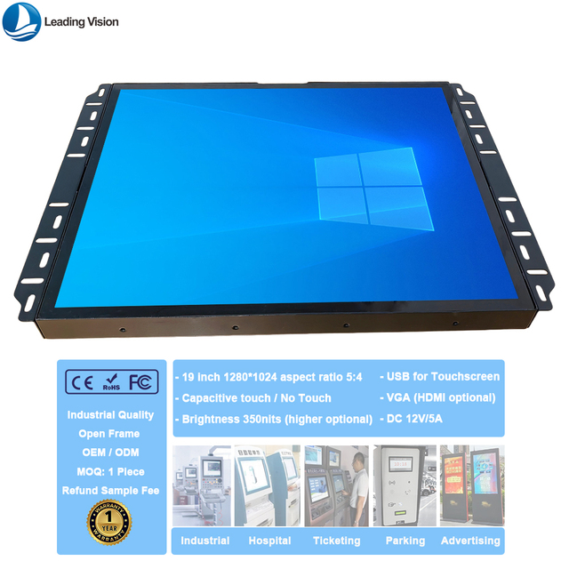 New Open Frame Capacitive 10-point High Brightness 19 Inch 5:4 1280x1024 USB DVI Serial Business Use Industrial Hospital Black