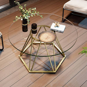 Mesa de Centro Redonda de Vidrio de Lujo Moderna, Mesa Pequeña Contemporánea para Sala de Estar con Marco Metálico Hexagonal para Salón u Oficina - Product Image 2