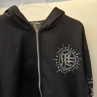 Sweat-shirt à capuche zippé oversize avec motif soleil en strass thermocollés, streetwear décontracté noir à manches longues