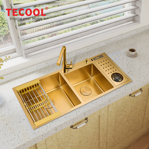 Évier de cuisine <span class=keywords><strong>double</strong></span> cuve en acier inoxydable 304 doré à encastrer, personnalisable, avec égouttoir - Product Image 3