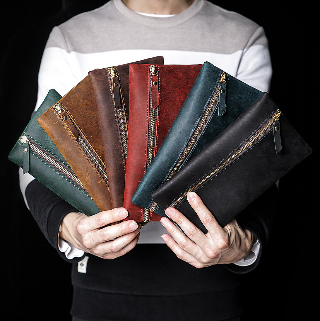 Vintage Leather Pen Case Handmade Genuine Leather Pens Holder Coin Purses Phone Wallet with Zipper Pencil Bag Pouch