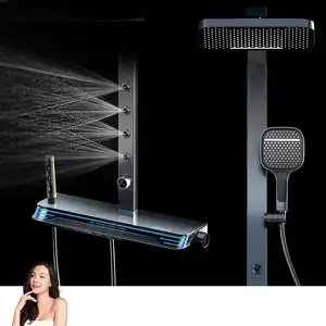 Maruz duvara monte pirinç LED dijital ekran akıllı duş 5 fonksiyon masaj bel sprey atmosfer lamba duşlar seti