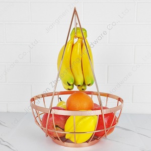 Rose Gold Fruit <b>Basket</b> Round Metal Storage With Banana Hook For Kitchen <b>Table</b> Durable - Product Image 2