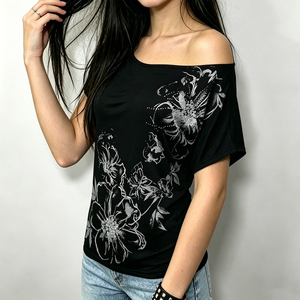 Floral Print Off Shoulder Knit T Shirt Women Short Sleeve Slim Fit <b>Y2K</b> Vintage Casual Summer <b>Top</b> - Product Image 5