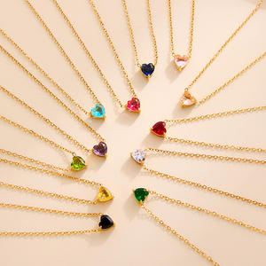 변색 없는 스테인리스 스틸 탄생석 펜던트 목걸이 - 12가지 색상, 14k 골드, 다이아몬드 포인트 - Product Image 2