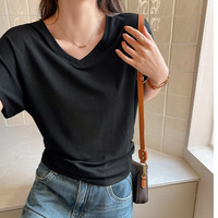T-shirt femme gris style coréen printemps/été, col en V, manches chauve-souris, épaules droites, manches courtes, viscose, élasthanne, modal