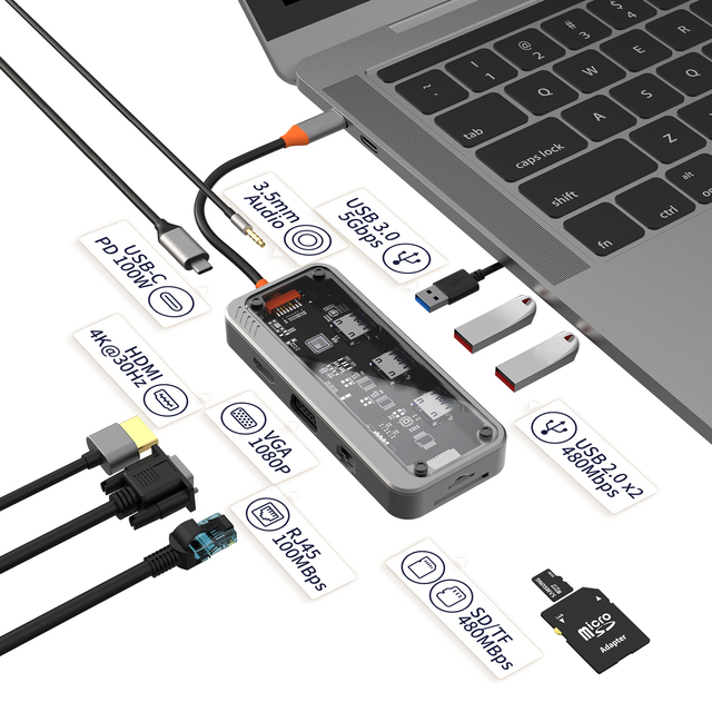 Usb c Hub 10 in 1 Type-C to PD HD-MI USB3.0 USB2.0*2 SD TF RJ45 VGA AUDIO3.5mm Audio