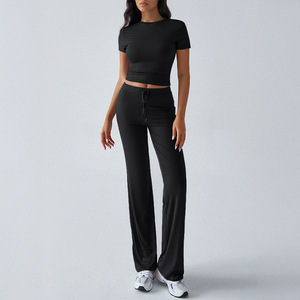 Traje informal para mujer, top corto de cuello redondo de color liso con pantalones con cordón, tallas S, M, L, XL, XXL, estilo europeo y americano - Product Image 3