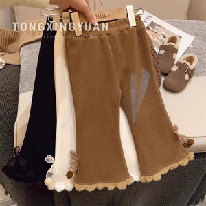 Tongxingyuan Girls Knitted Wide Leg Pants With Bow And Lace Trim Winter Casual Pants For Children Solid Color Cotton Fabric - Product Image 1