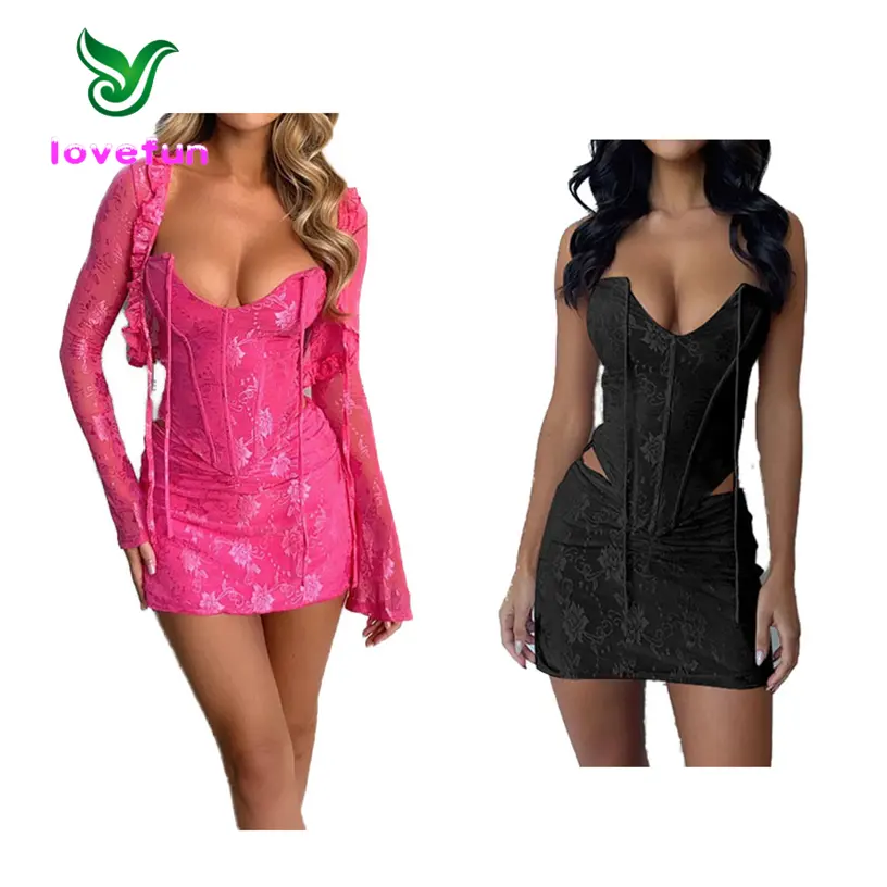 Summer Spring 2024 Ladies Strapless Tube Top Sexy Lace Corset Tops+Long Sleeve Cardigan For Women