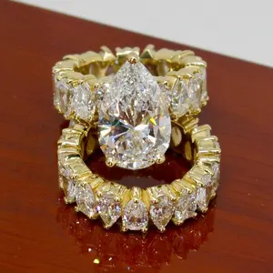 Women Fine Jewelry Ring Set 5 Carat VVS Diamond Pear Cut Moissanite Diamond 14 Karat Yellow Gold Silver Eternity Wedding Ring