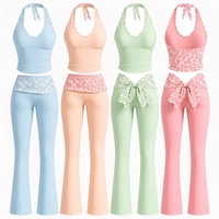 Ensemble Lounge 2 Pièces Femme Y2K Personnalisé avec Logo : Crop Top Halter et Pantalon Évasé Macaron Guépard Taille Haute Extensible