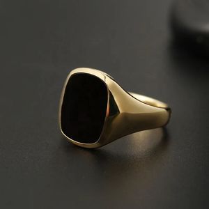 Xinfly Sweat Proof Pure 18K 750 Real Gold Jewelry Natural Square <b>Black</b> Agate Signet Retro <b>Ring</b> for <b>Men</b> - Product Image 2