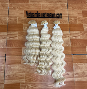 Extensions de cheveux vietnamiennes en vrac, ondulées, à pointe plate, en cheveux humains, blond platine, avec kératine, mèches Remy - Product Image 1
