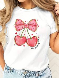 T-shirt da donna stampata a maniche corte in cotone girocollo con grazioso design a fiocco a ciliegia, stile primavera estate per San Valentino - Product Image 1