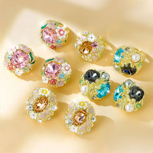 Vintage 14K Gold Color Floral oversized Sparkling Crystal earrings Jewelry Multi Colors aquamarine Ring Earrings - Product Image 2