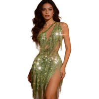 Robe longue asymétrique à strass et franges pour femme, idéale pour anniversaire, soirée, banquet, club, fête, spectacle ou festival
